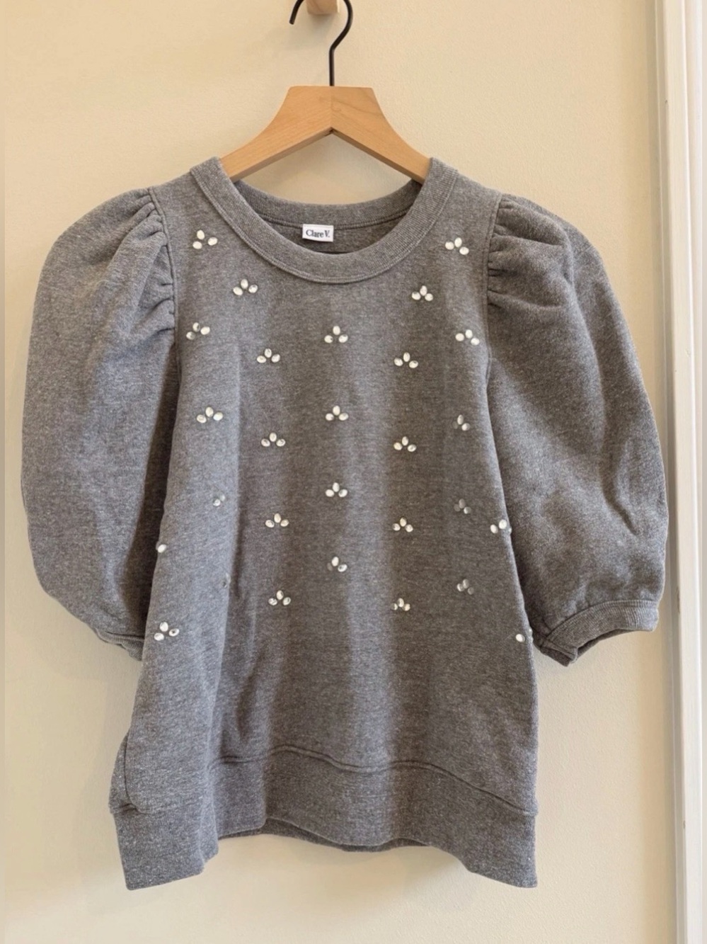 Clare V Gray rhinestone Puff-Sleeve Sweatshirt